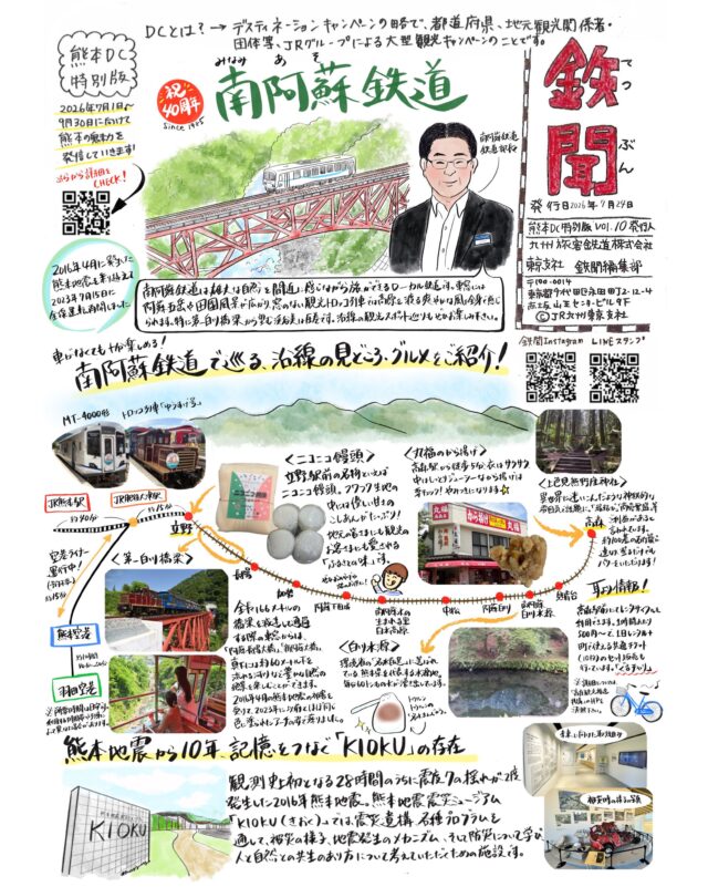 【📢鉄聞 熊本DC特別版🛤️】
JR九州東京支社が発行する
手描きの新聞『鉄聞（てつぶん） @jrkyushutokyoshisha_tetsubun 』に
熊本DC（デスティネーションキャンペーン）特別版として
南阿蘇鉄道が紹介されています💫

南阿蘇鉄道沿線を中心に
高森町の見どころやグルメ情報も🍴

何でもデジタルの時代ですが
手描きのアナログならではの雰囲気は特別で
ほっこり癒されますね☺️

高森観光推進機構のHPでは
大きな画像で読めますので、ぜひご覧ください✨

#鉄聞 #熊本DC #南阿蘇鉄道