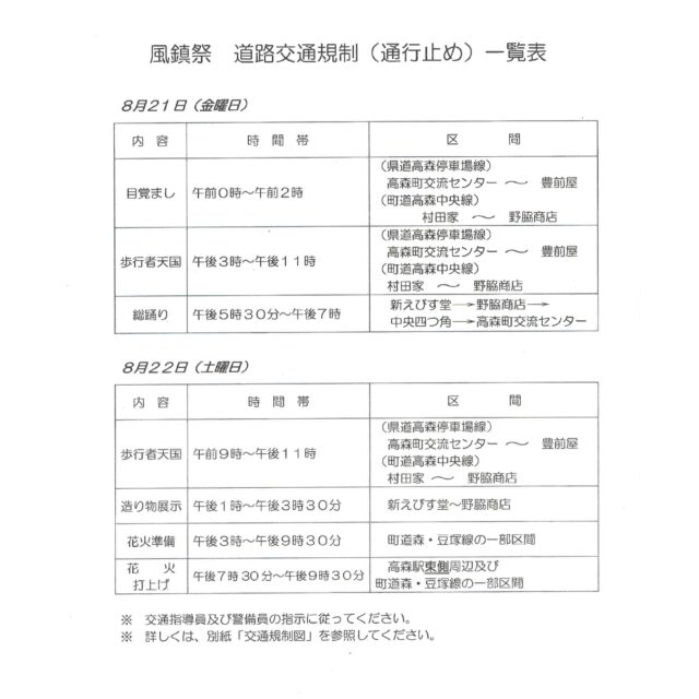 【令和8年風鎮祭　道路交通規制（通行止め）について】

8月21日(金)、22日(土)に開催されます風鎮祭において、道路交通規制が行われます。
お越しになる際は、ご確認の上お気をつけてお越しください。

#高森町 #風鎮祭 #花火大会 #目さまし #山引き