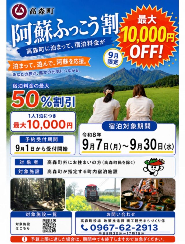 阿蘇ふっこう割(高森町版)を実施します！

【事業の趣旨】
令和8年8月27日に発表された阿蘇郡市市町村長共同宣言を踏まえ、被災地の支援を継続するとともに、阿蘇の観光や地域経済を動かし続けることで、熊本県全体の復旧・復興を後押しいたします。
10月1日から実施予定の「九州ふっこう応援割」が開始される予定ですが、切れ目ない観光需要の確保のため高森町でも「阿蘇ふっこう割」を実施いたします。

【事業期間】
令和8年9月7日月曜日から令和8年9月30日水曜日宿泊分まで

【対象者】
高森町外から町内の対象宿泊施設に宿泊される方

【対象施設】
HPに掲載されています一覧をご参照ください
https://www.town.kumamoto-takamori.lg.jp/page/11027.html

【支援内容】
宿泊費の最大50％を補助（補助上限額10,000円）
※消費税、入湯税、クーポン等の割引額は対象外となります

【予約受付期間】
9月1日火曜日からのご予約分に限ります。（8月31日までに予約された方は適用となりません）

【お支払い方法】
チェックインまたは精算時に宿泊費から補助金額を引いた額をお支払いいただきます。

【問い合わせ先】
高森町役場　政策推進課　商工観光まちづくり係（0967-62-2913）