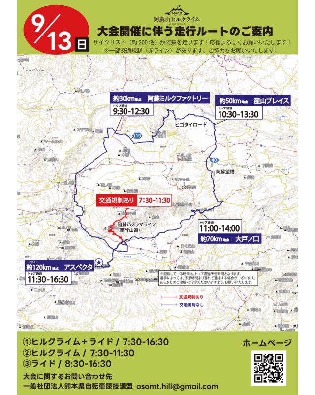 【9/13(日)阿蘇山ヒルクライム開催に伴う交通規制のお知らせ】

2026年9月13日(日)に自転車レース
『MAY31cycling 阿蘇山ヒルクライム＆ライド2026』が開催されます。
開催中、一部交通規制があります（画像赤線の箇所）。
ご迷惑をおかけしますが、ご理解・ご協力のほどよろしくお願いいたします。

■交通規制
2026年9月13日(日) 7:30～11:30
阿蘇パノラマライン（南登山道（吉田線）・県道111号線）の一部が
『全面通行止め』になります

※阿蘇山上・草千里へは
　北登山道（坊中線）・西登山道（赤水線）をご利用ください

#阿蘇山ヒルクライム #交通規制